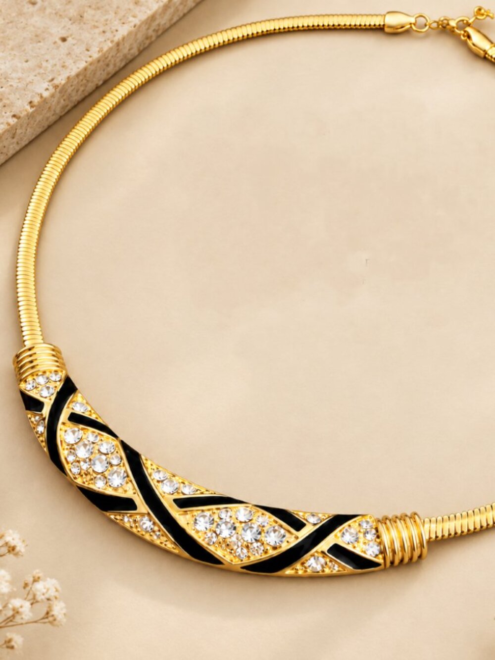 Vintage Gold Tone Crystal & Black Enamel Choker Necklace